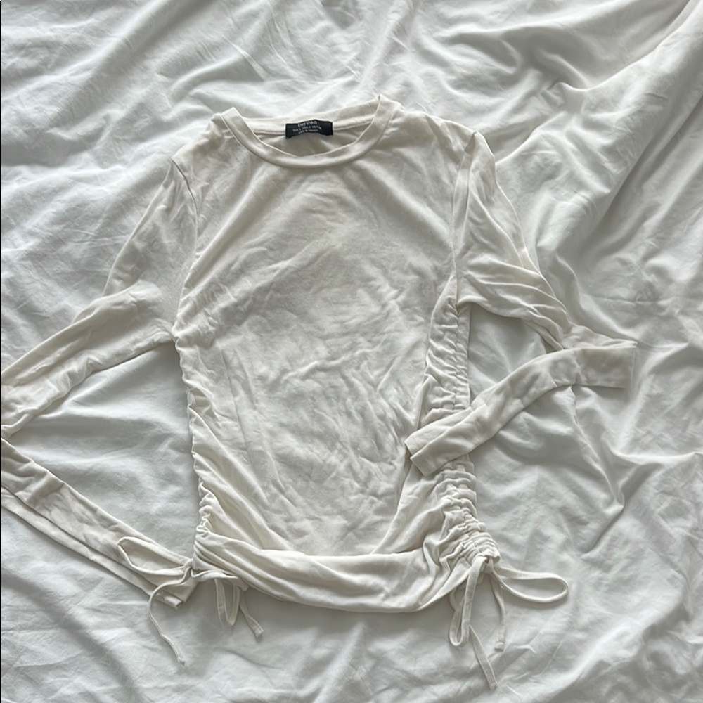 Bershka Side Ruche White Long Sleeve Top